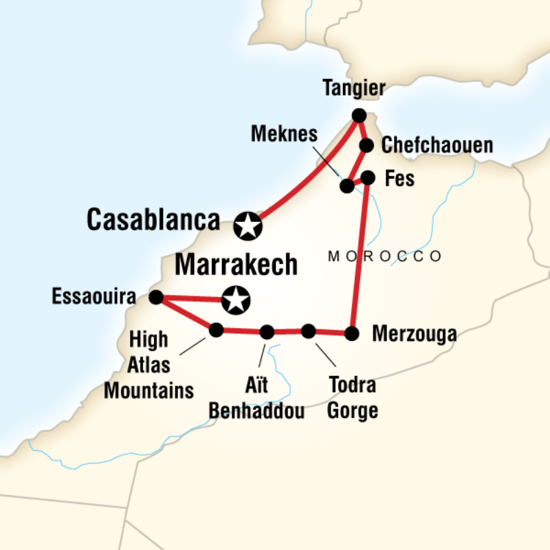 Route map for Highlights of Morocco (DCMH)