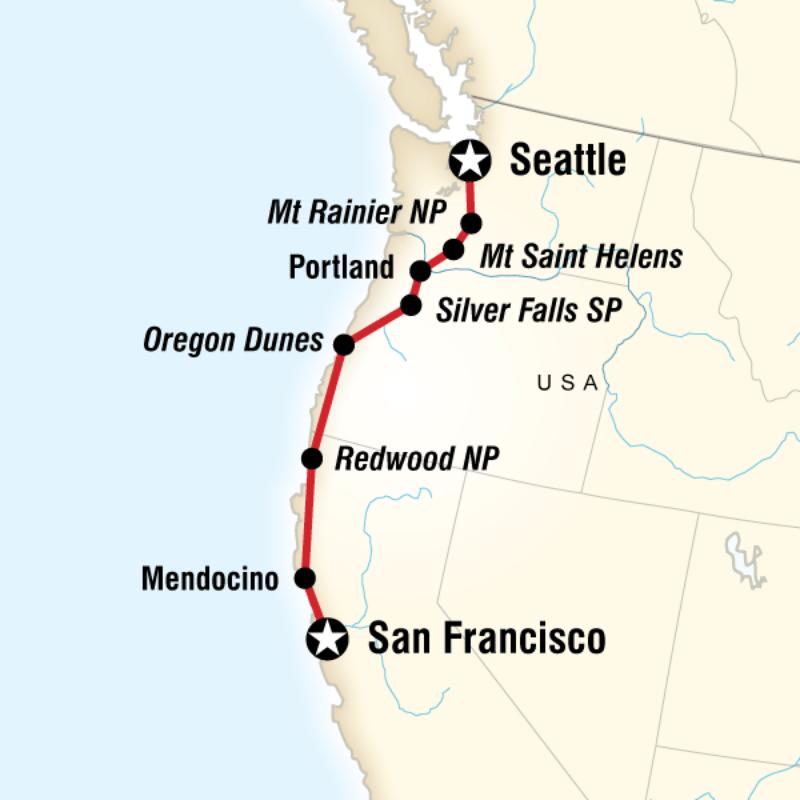 Map of the route for Pacific Coast Highway & the Northwest