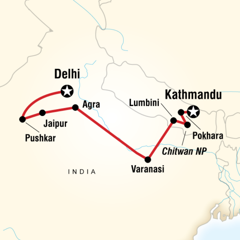 Route map for Delhi to Kathmandu Yolo Adventure (AHDU)