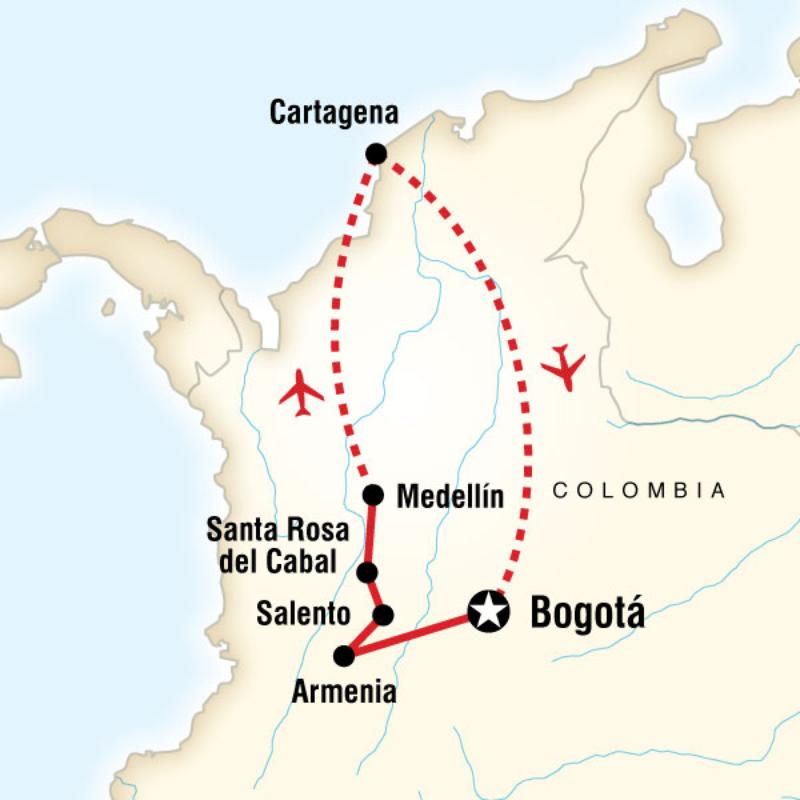 Map of the route for Colombia Experience