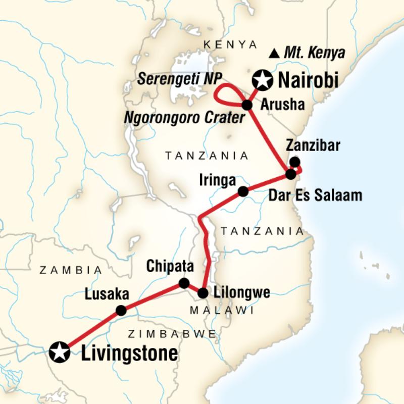 Map of the route for Nairobi to Victoria Falls Adventure