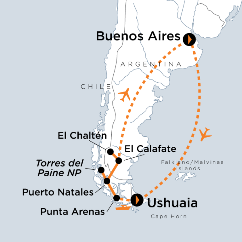 Map of the route for Patagonia Wonders of Nature