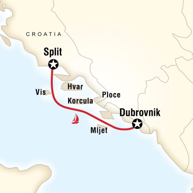 Route map for Croatia Sailing - Split to Dubrovnik (ECVS)