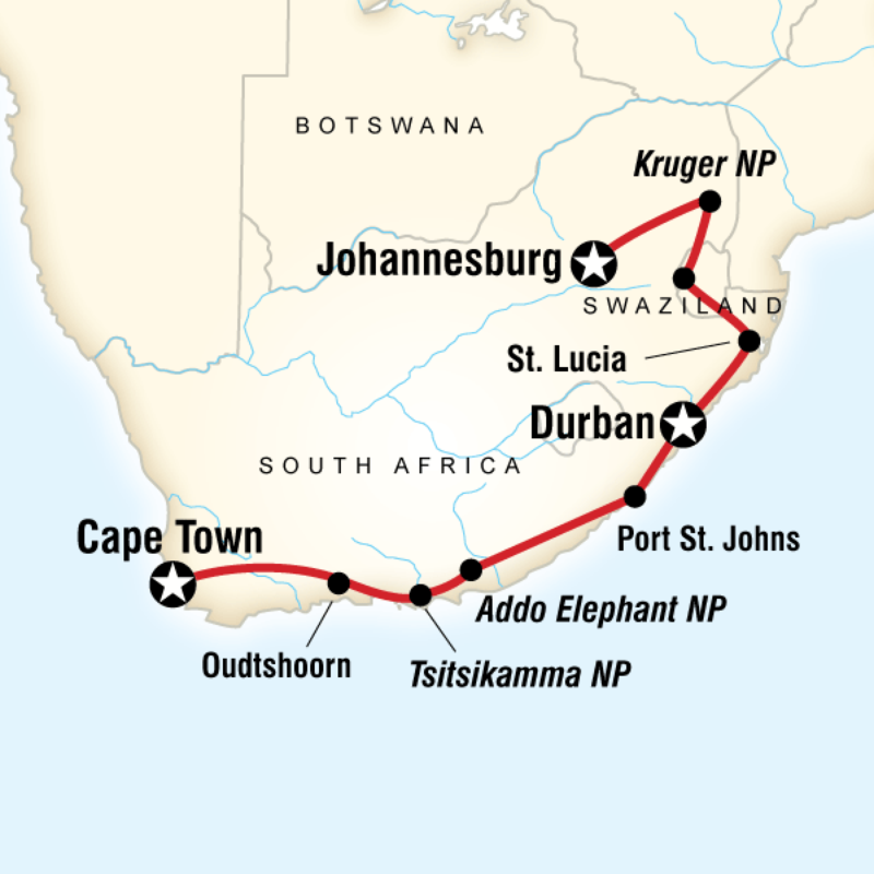 Map of the route for South Africa & Swazi Quest