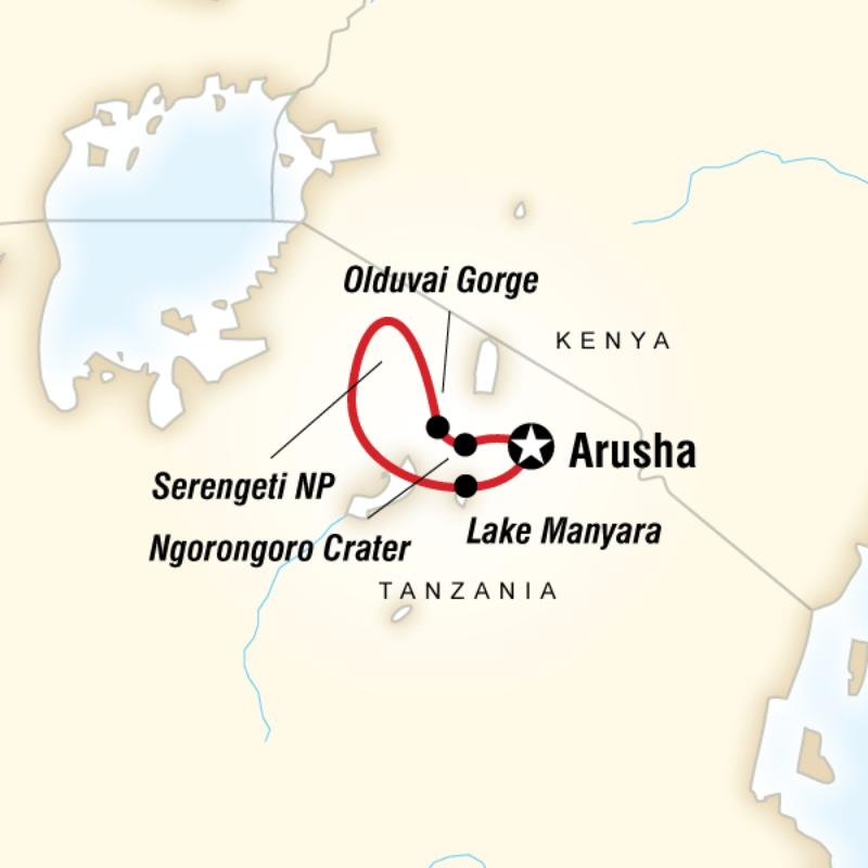Map of the route for Tanzania Safari Experience