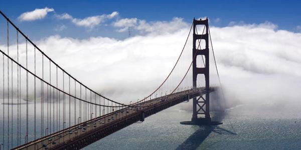 The Golden Gate bridge shrouded in mist in San Francisco