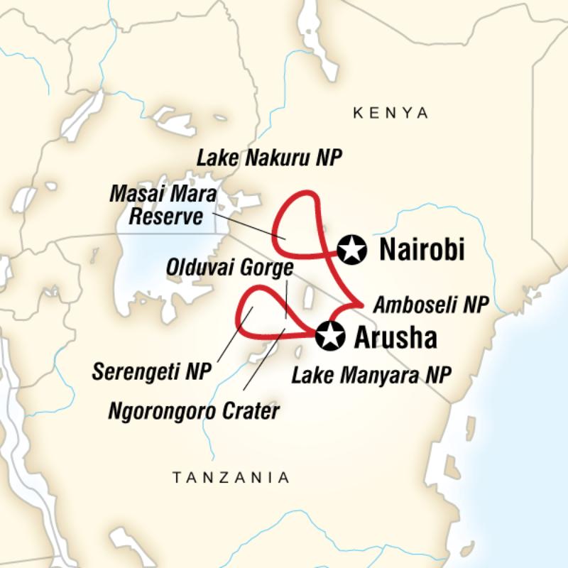 Map of the route for Kenya & Tanzania Safari Experience