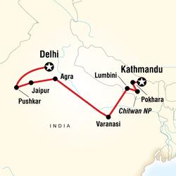 Route map for Delhi to Kathmandu Yolo Adventure (AHDU)