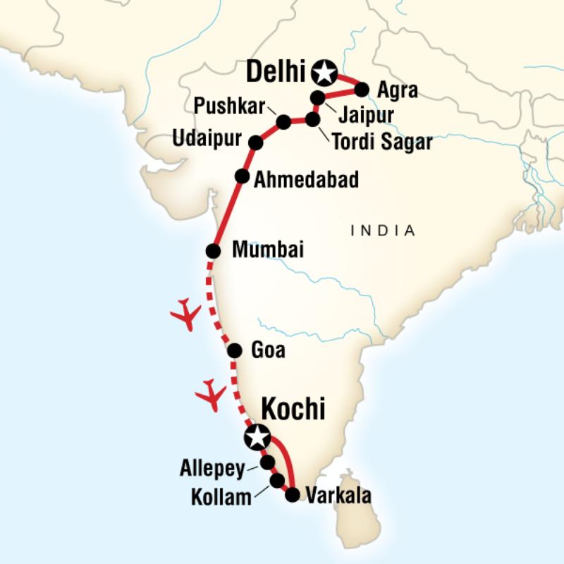 Map of the route for Discover India—Delhi to Kochi
