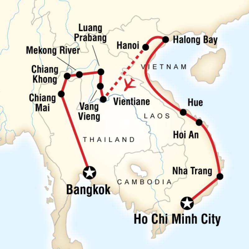 Route map for Vietnam, Laos & Thailand on a Shoestring (AVVL)
