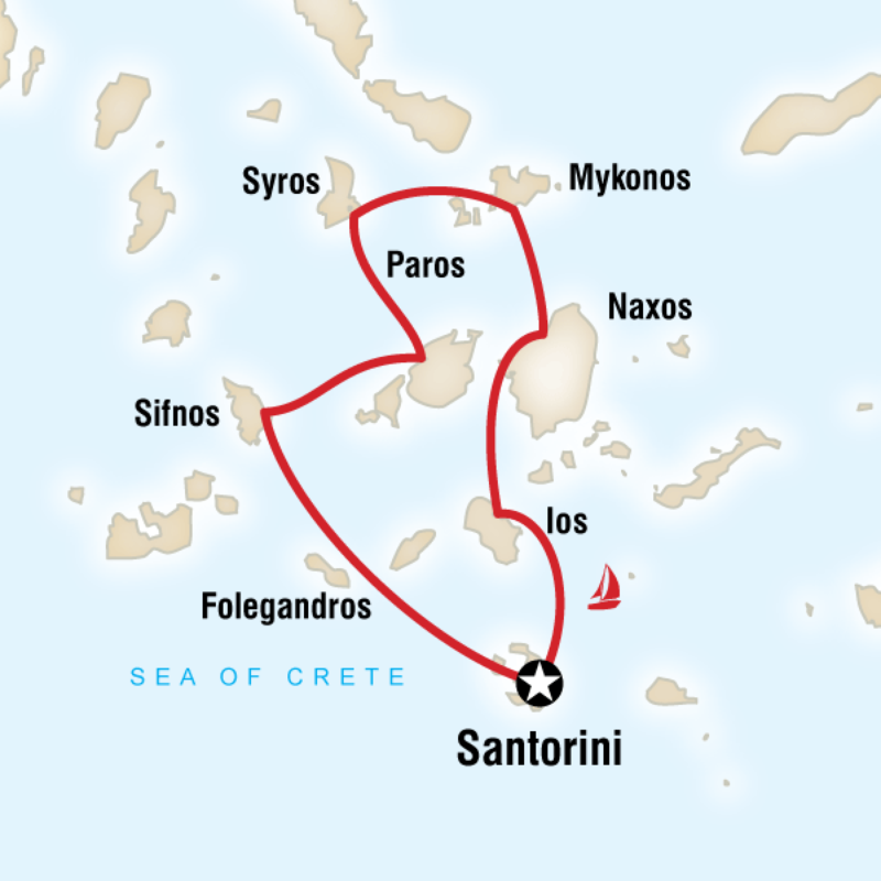 Map of the route for Greek Islands Sailing Adventure (Santorini to Santorini)