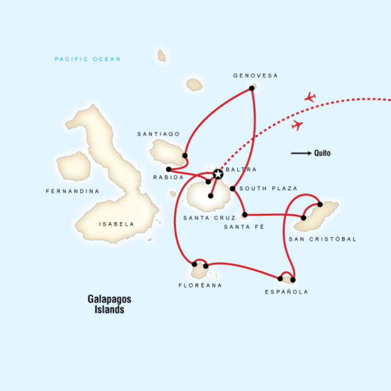Map of the route for Voyage Galapagos - Northern and Southern Islands