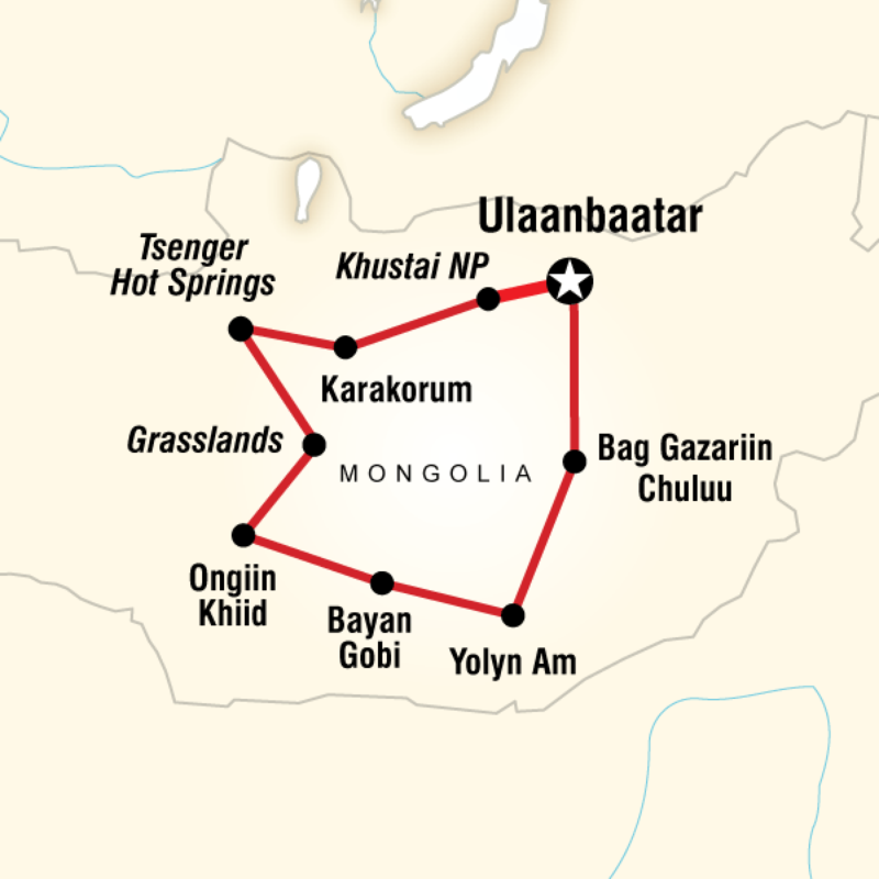 Map of the route for Nomadic Mongolia