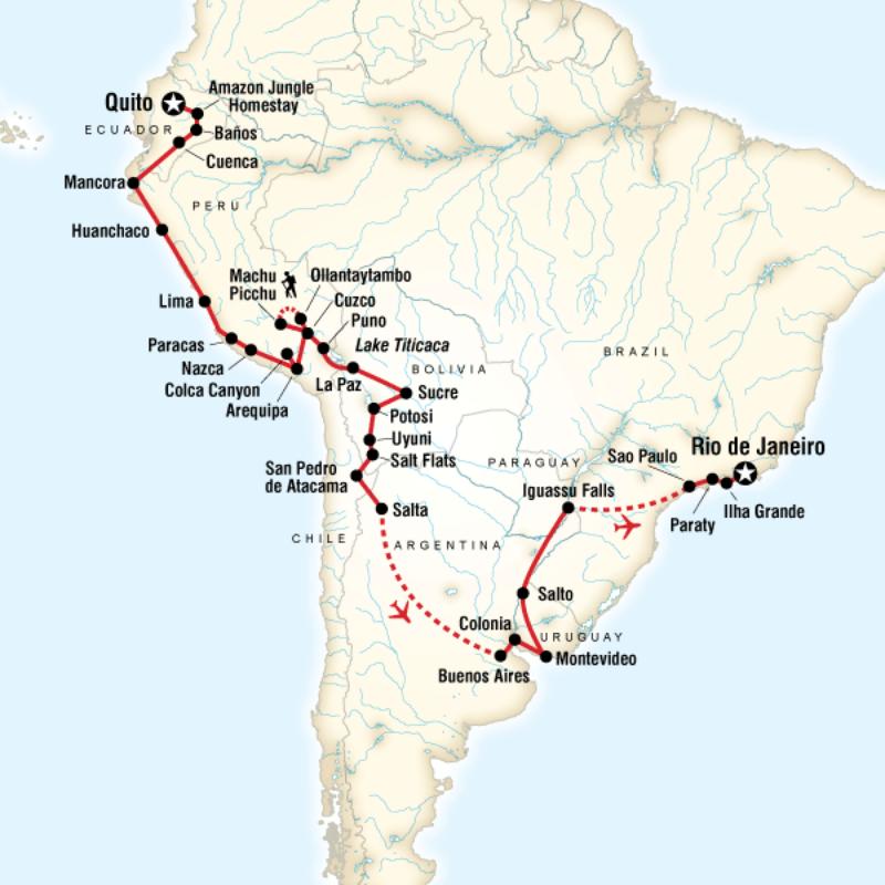 Map of the route for The Great South American Journey - Quito to Rio Adventure