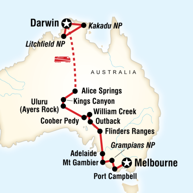 Route map for Australia South to North - Melbourne to Darwin (OAMD)