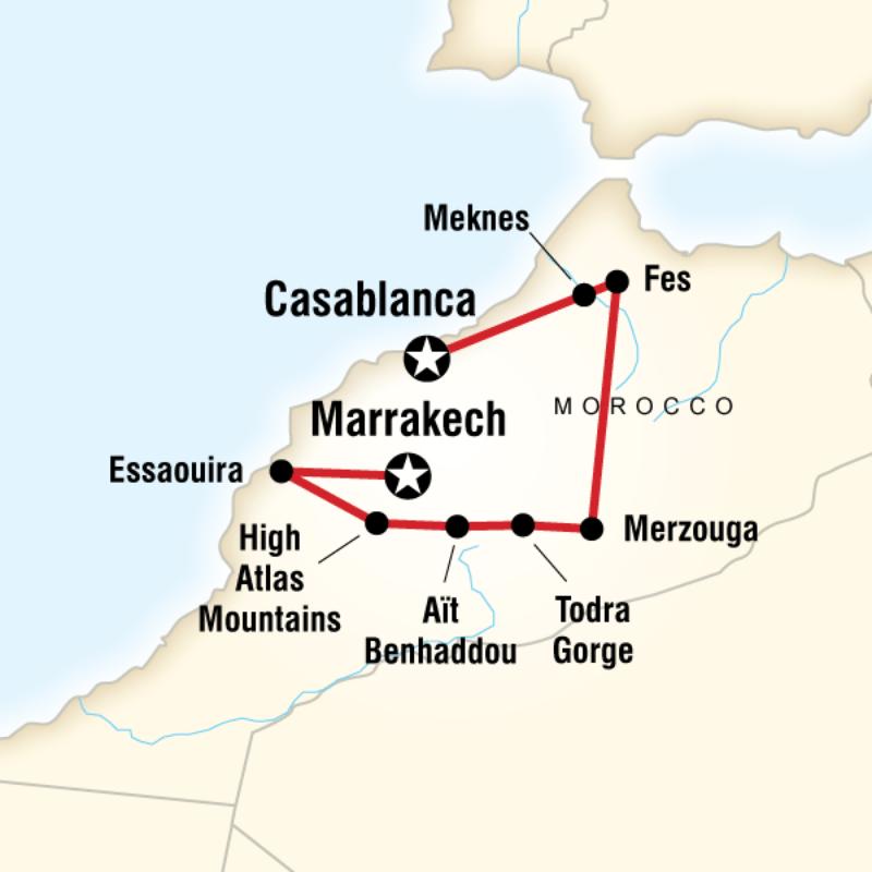 Route map for Highlights of Morocco (DCHM)