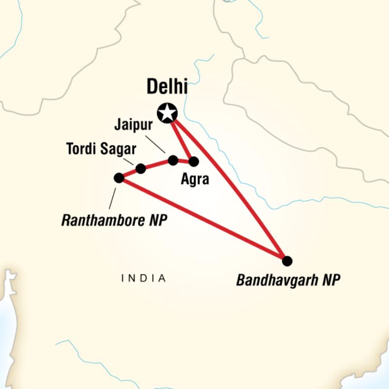 Route map for Tigers, Temples & Wildlife Adventure (AHTW)