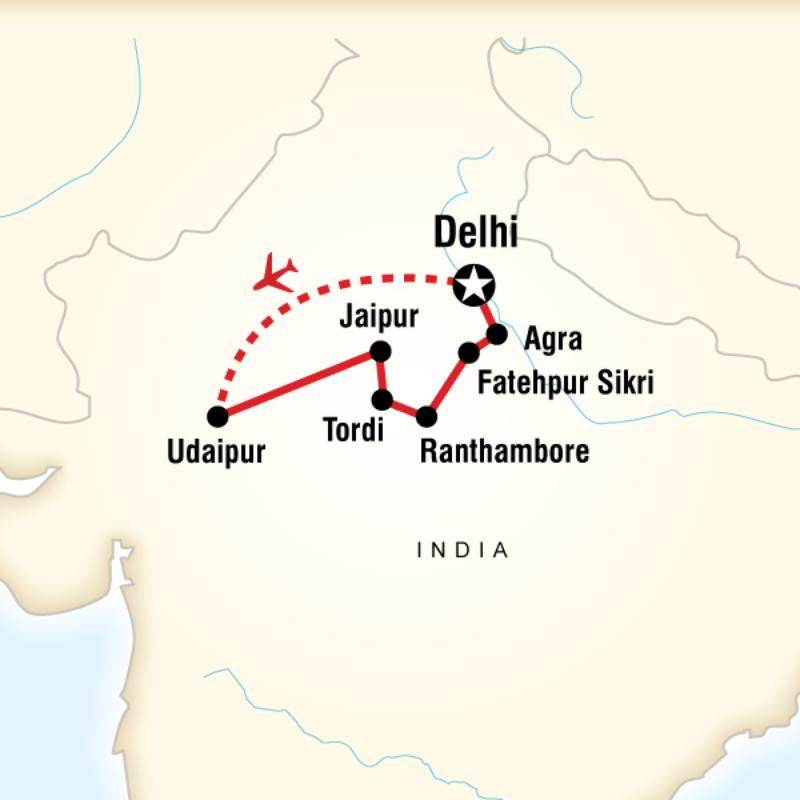 Map of the route for India Family Adventure