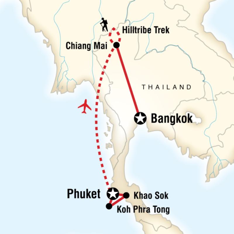 Map of the route for Thailand Volunteer & Hilltribe Trek