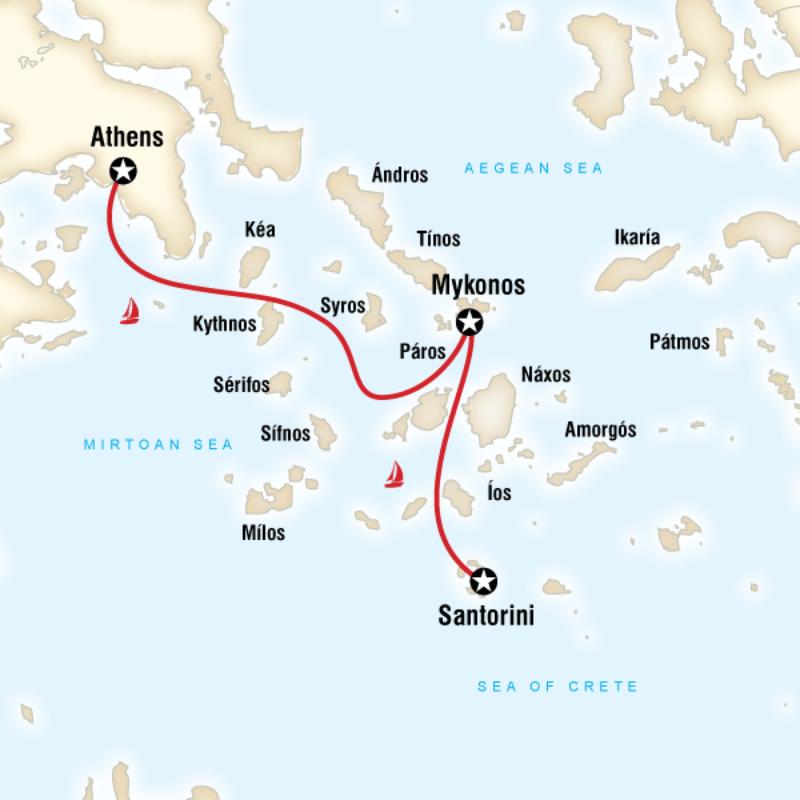 Route map for Greek Islands Sailing Adventure (Athens to Santorini) (GVAS)