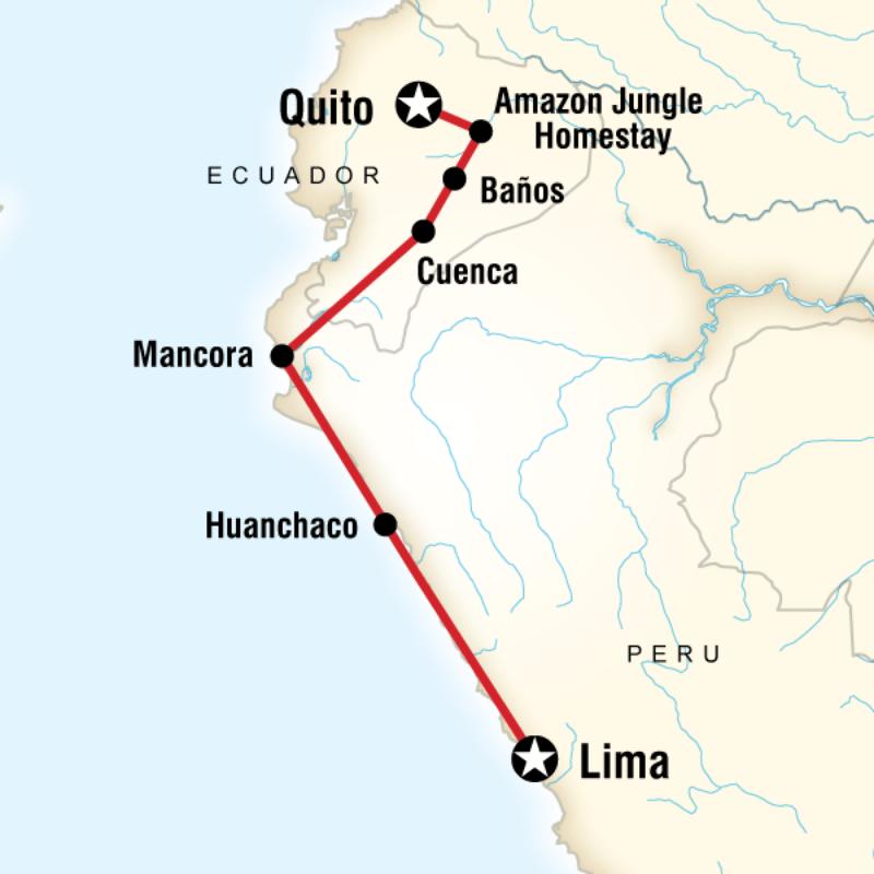 Map of the route for Quito to Lima Adventure