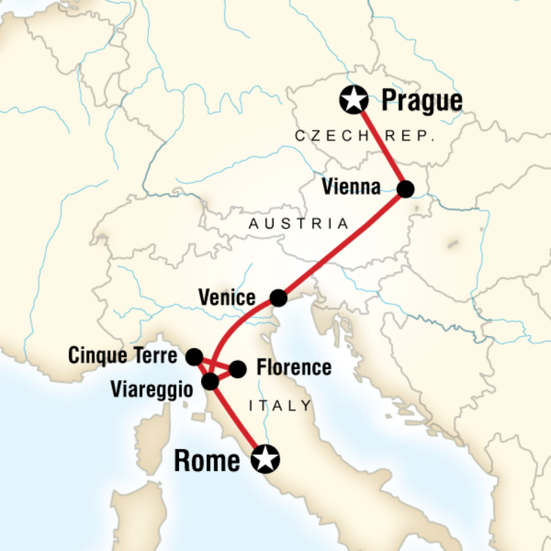 Map of the route for Rome to Prague Adventure
