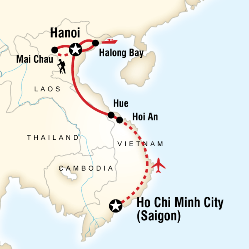 Map of the route for Vietnam Hike, Bike & Kayak
