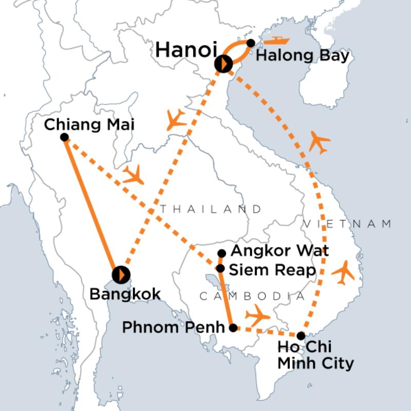 Map of the route for Indochina Cultural Journey