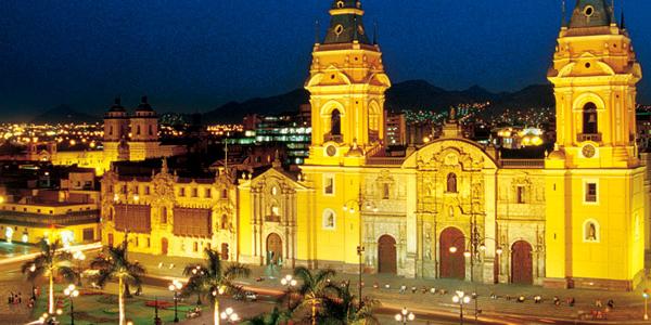 Lima's cathedral at night.