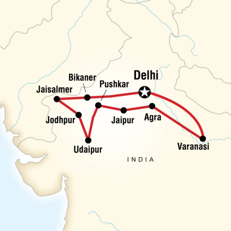 Map of the route for India on a Shoestring
