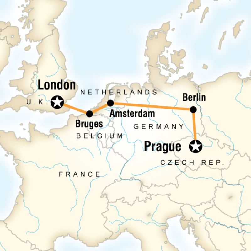 Map of the route for Prague to London Adventure
