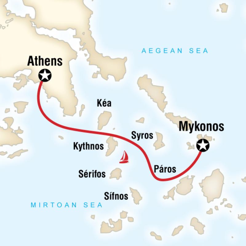 Map of the route for Greek Islands Sailing Adventure (Athens to Mykonos)