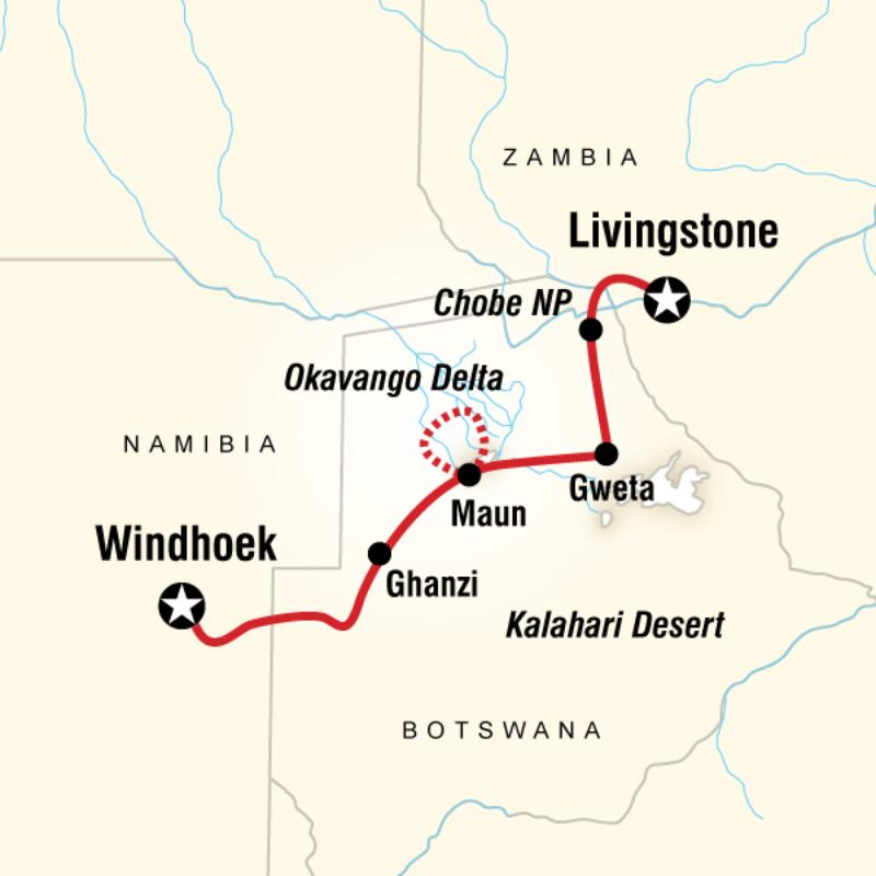 Route map for Botswana and Victoria Falls Adventure (DADF)
