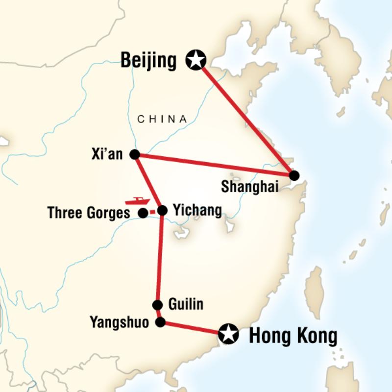Map of the route for China on a Shoestring: Hong Kong to Beijing