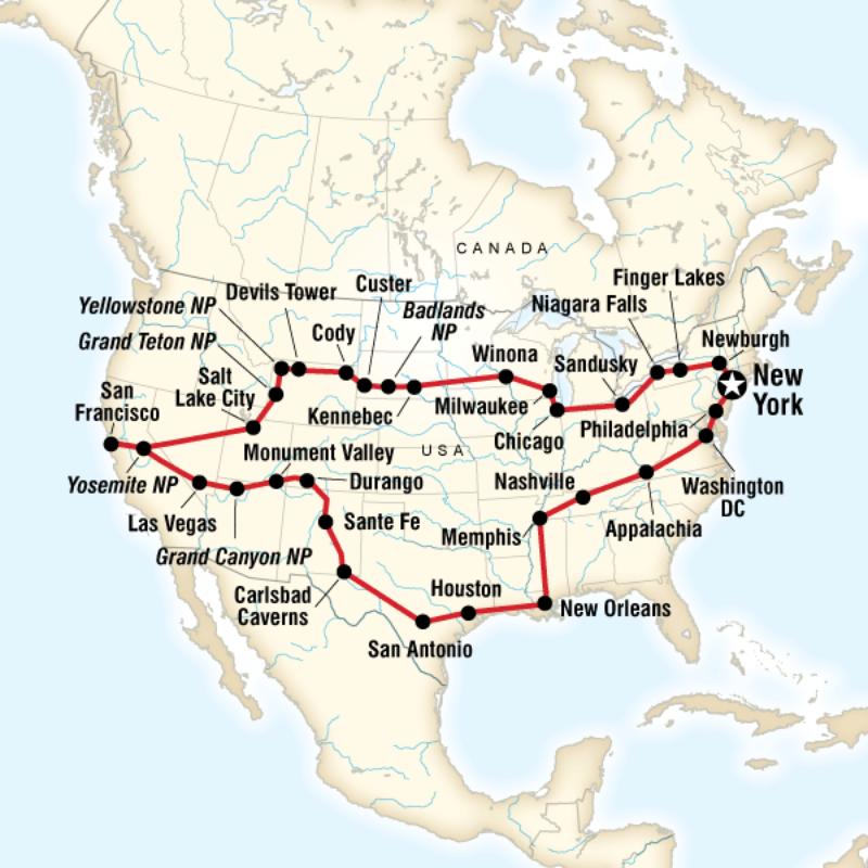 Map of the route for Best of the USA Tour -  New York to New York