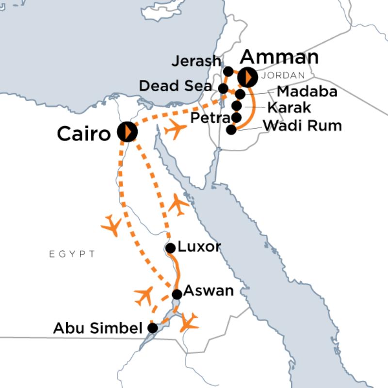 Route map for Archaeological Wonders of Egypt & Jordan (DPAWD)