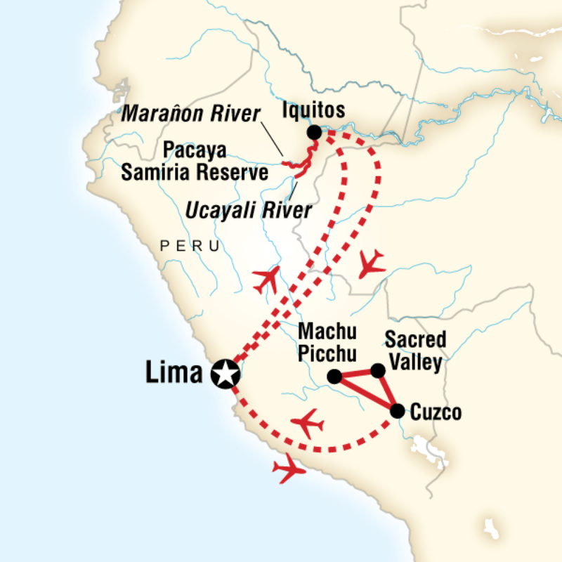 Route map for Amazon Riverboat Adventure & Machu Picchu Explorer (PXIIA)
