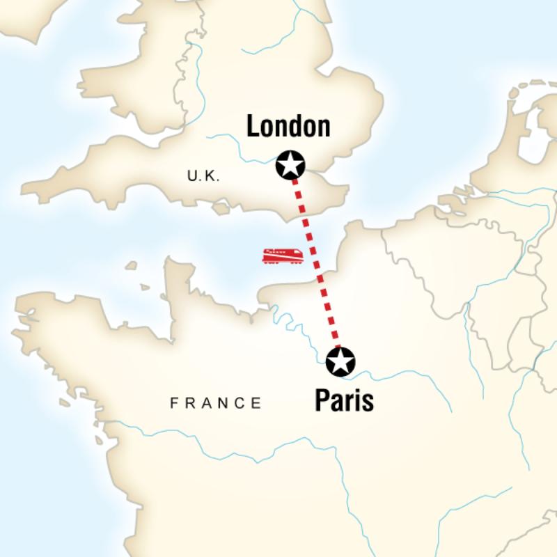 Route map for London to Paris Family Adventure (EUFH)