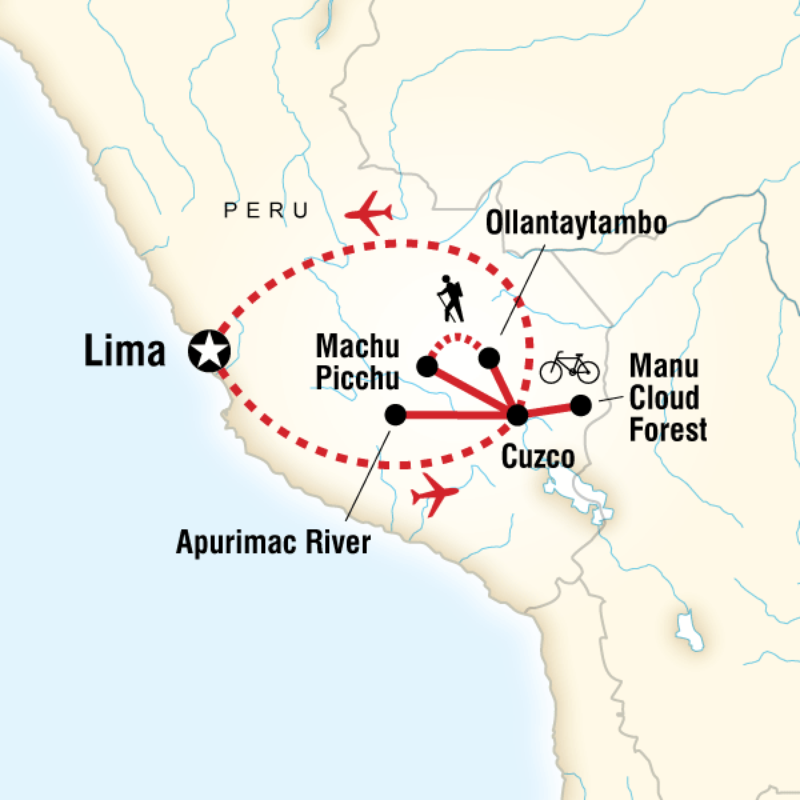 Map of the route for Peru Hike, Bike & Raft