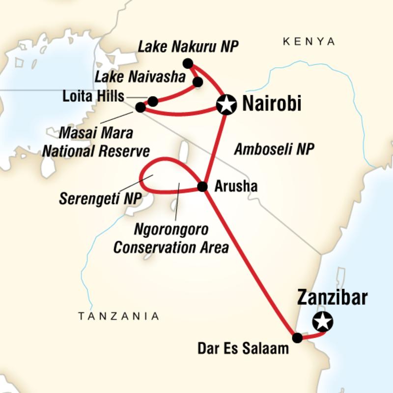 Map of the route for Kenya & Tanzania Overland Adventure