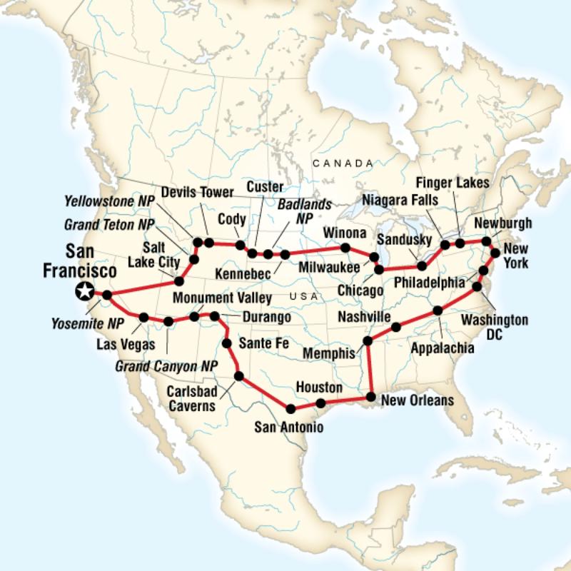 Map of the route for Best of the USA Tour—San Fran to San Fran