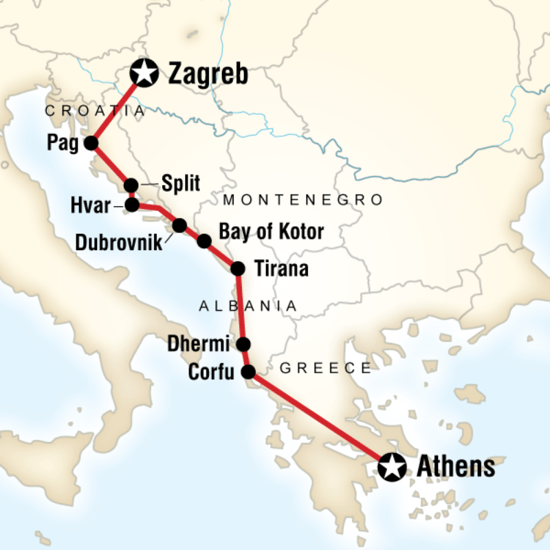 Map of the route for Adriatic Adventure - Zagreb to Athens