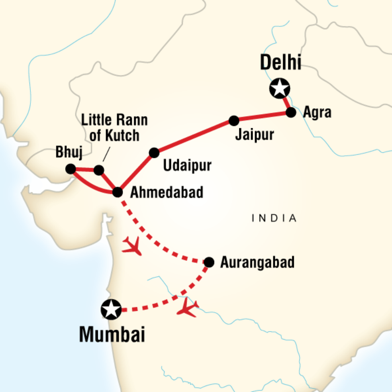 Map of the route for Wonders of North India