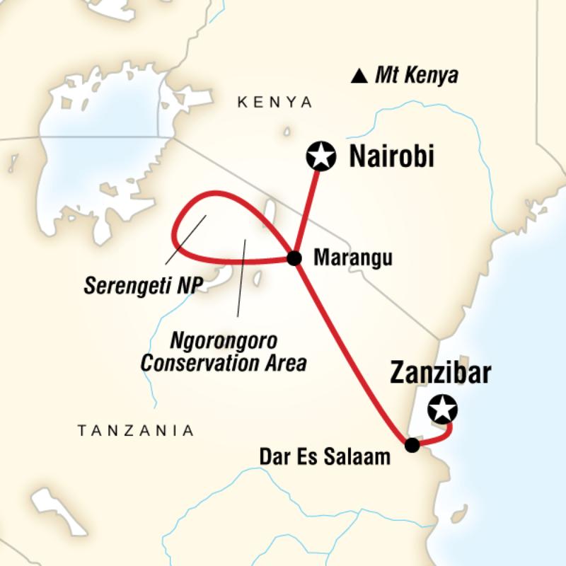 Map of the route for Nairobi to Zanzibar Adventure