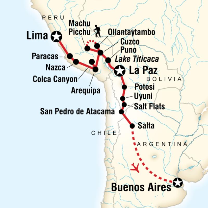 Map of the route for Lima to Buenos Aires Adventure