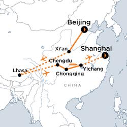 Route map for China & Tibet Cultural Journey (ACCTD)
