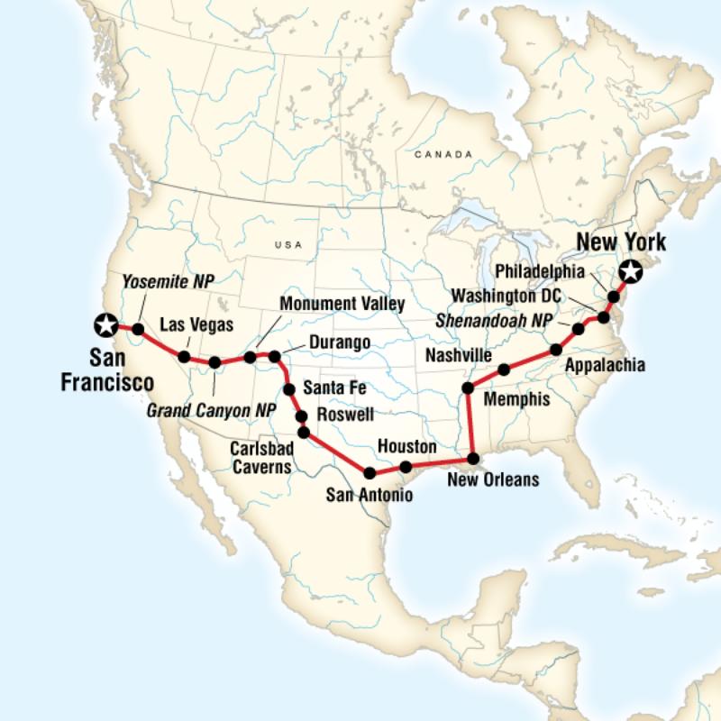 Route map for Southern Cross Country Westbound (NUCW)