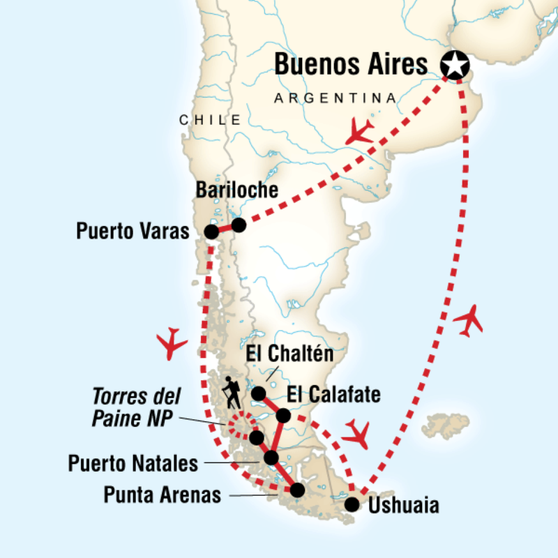 Map of the route for Patagonia Dreaming