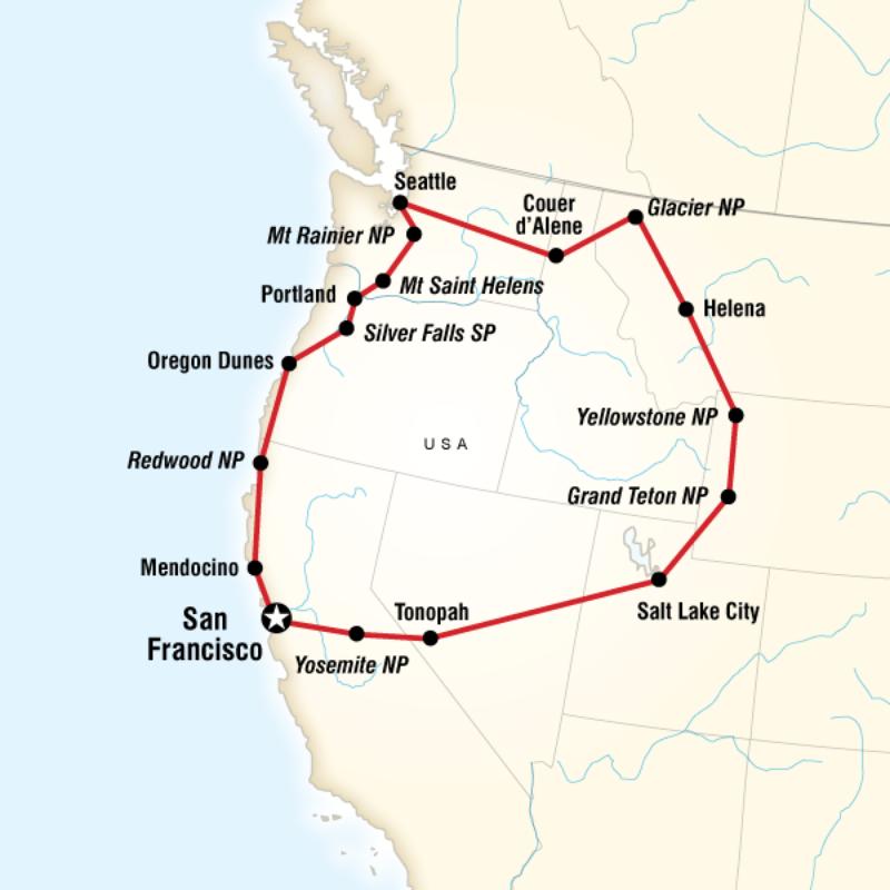 Map of the route for Natural Wonders of the Pacific Northwest