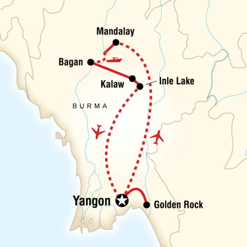 Route map for Classic Burma Adventure (ABCB)